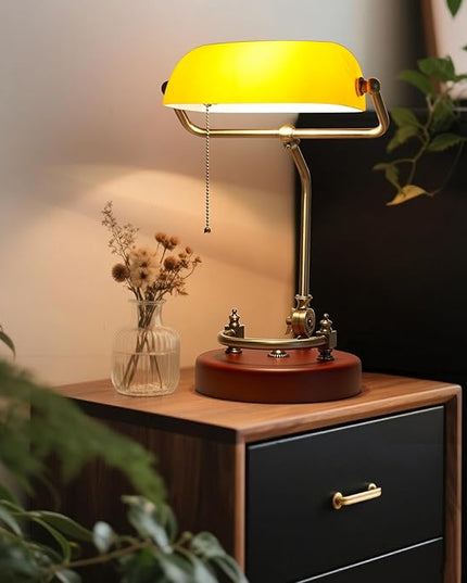 Bankers Lamp, Traditional Orange Desk Lamp with Solid Birch Wood Base, Orange Glass Antique Library Lamp with Pull Chain Switch, Plug in Vintage Bankers Desk Lamp for Office, Study Room 【E26 Socket】
