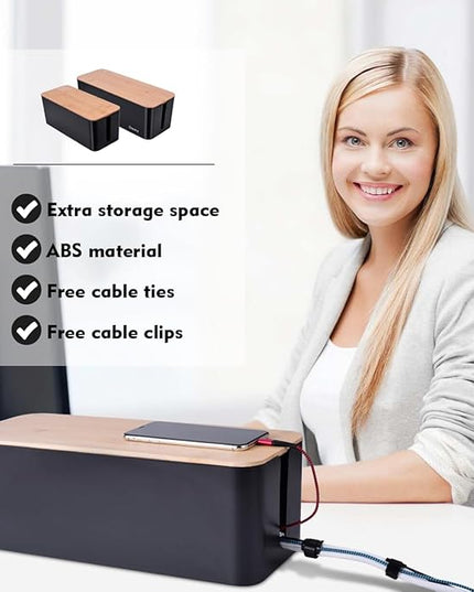2 Pack Large Cable Management Box – Wooden Style Cord Organizer Box and Cover for TV Wires, Computer, Router, USB Hub and Under Desk Power Strip – Safe ABS Material and Baby-Pets Proof Lock (Black)