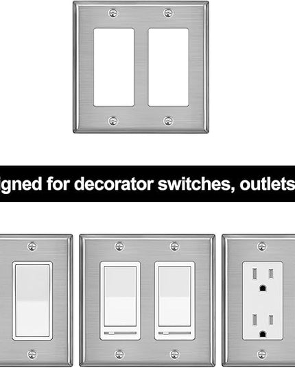 [5 Pack] BESTTEN 2 Gang Decor Metal Wall Plate with Plastic Film, Decorator Stainless Steel Outlet Cover, Durable Corrosion Resistant Industrial Grade Material, H4.53” x W4.57”, Brushed Finish, Silver