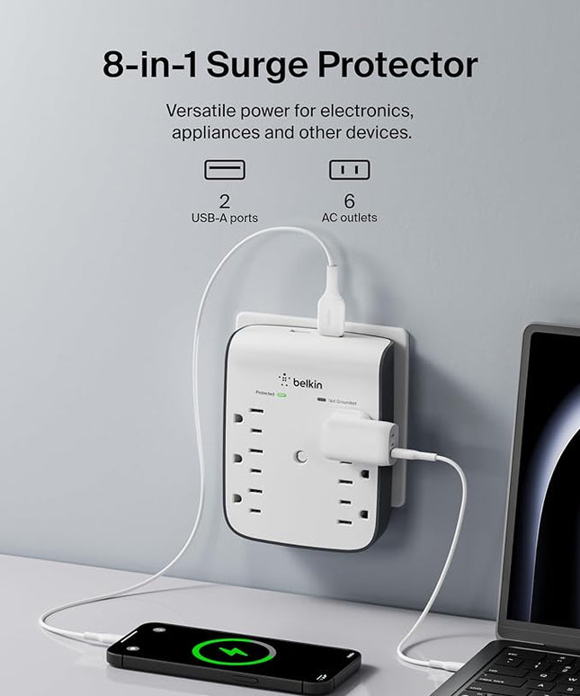 Belkin 6-Outlet Wall Surge Protector w/ 2 USB-A Ports, Wall-Mountable Surge Protector for Home, Office, Travel, Computer Desktop, Laptop, Phone Charger, & More - 900 Joules of Protection