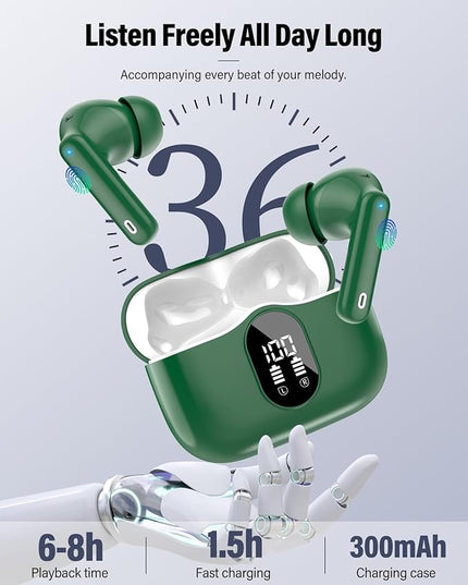 Wireless Earbuds, Bluetooth 5.4 Headphones Bass Stereo, Ear Buds with Noise Cancelling Mic, LED Display in Ear Earphones Clear Calls, IP7 Waterproof Bluetooth Earbuds for Laptop/Phones/Sports, Green