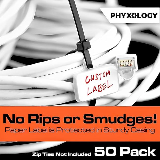Heavy Duty Zip Tie Labels for Cables and Cords, 50Pk. Durable, Protective Box Attaches to Zip Ties for Cord and Cable Organization. Best Reusable Wire Management Ties. Includes Easy Write Inserts