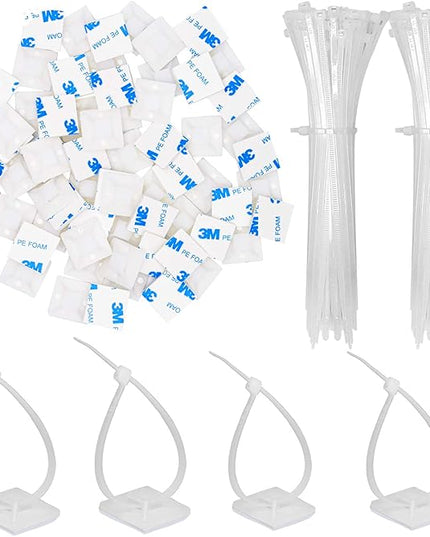 50 Pack 1.5 inch Zip Tie Adhesive Mounts Self Adhesive Cable Tie Base Holders with Multi-Purpose Tie wire clips with screw hole,Anchor stick on wire holder with 8 inch zip ties（White）