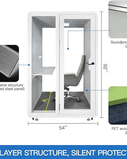 Soundproof Office Pod Booth, Quiet Meeting Pod with Acoustic Panels, Portable Modular Pod, Privacy Booth for Private Phone Calling, One to Two Person Workspace with Sound Isolation W55in D48in H92in