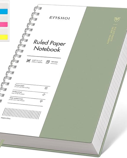 EMSHOI Lined Journal A4 Spiral Notebook, College Ruled Notebook, 300 Pages/150 Sheets, 100gsm Acid-Free Paper, Waterproof Softcover Notebook for School, Work, Writing, 8.27" × 11.2" - Light Green