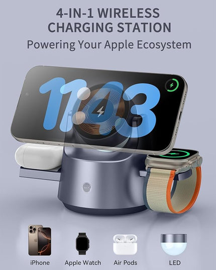 4-in-1 Magnetic Wireless Charging Station with Night Light – Fast Charger Dock for iPhone 17/16/15/14/13, Apple Watch, AirPods – Adjustable Angle MagSafe-Compatible Desk & Bedside Charging Stand