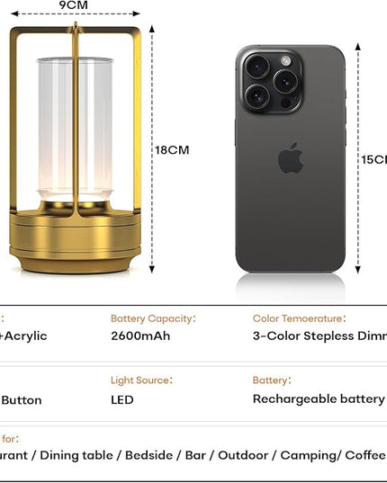 Portable Metal Table Lamp for Indoor/Outdoor ,Rechargeable Cordless LED Lamp, 3-Colour Infinitely Dimming Battery Powered Small Desk Lamp, Restaurant/Bedroom/Bar/Coffee/Camping Light (Gold Set of 2)