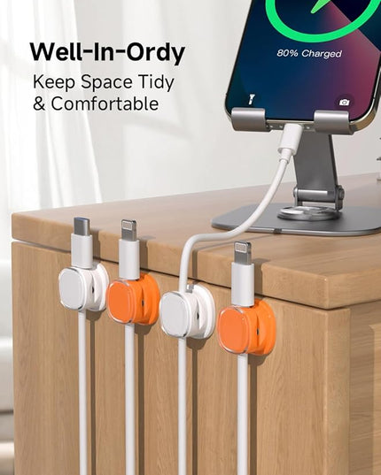 Magnetic Cable Clips, Adjustable Cord Holder Management, Adhesive Wire Keeper Organizer for Home Office Desk Phone PC Car Wall Desktop Nightstand Appliance (9-PCS White & Orange)
