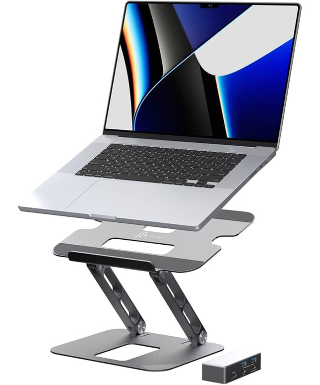 j5create Laptop Stand with USB C 4K HDMI Display Hub - 2 USB A 5Gbps, PD 100W with USB-C 5Gbps | Aluminum Computer Riser for MacBook and Windows Notebook (JTS327)