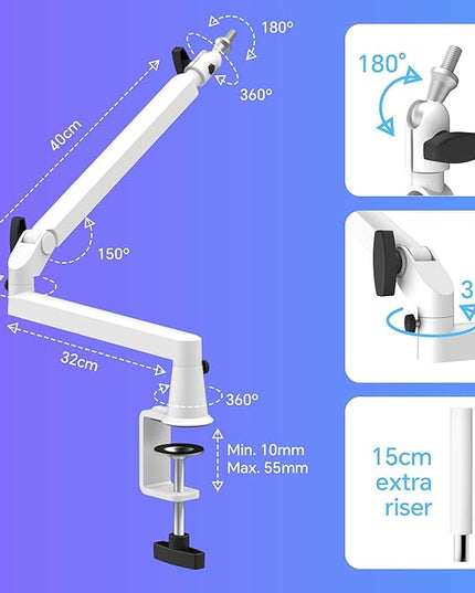 Low Profile Mic Arm Microphone Boom Arm Professional Adjustable with 15cm Riser Solid Desk Mount Clamp Cable Management Microphone Holder Stand for Podcast Streaming Gaming Mic Stand White