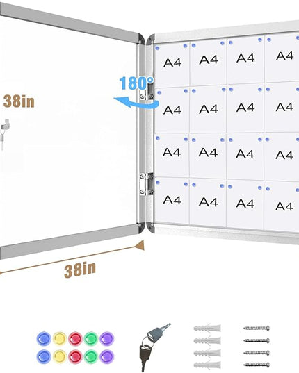 Mifuro 38"x38" Enclosed Bulletin Board, Lockable Weather-Resistant Aluminum Noticeboard for School & Office, Silver Frame w/Magentic Whiteboard