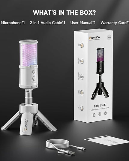 COMICA EJoy UNI S Gaming USB Microphone for PC, RGB Condenser Mic with Noise Reduction, Tripod Stand, Streaming Microphone for Gaming, Streaming, Podcasting, Recording, Laptop, PS4, PS5 (White