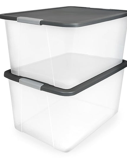 HOMZ 2-Pack Secure Latch, Clear Plastic Storage Organizer Bins, 64 Quart, Gray Lid - Heavy-Duty Container Boxes with Lids for Home, Office, and Garage