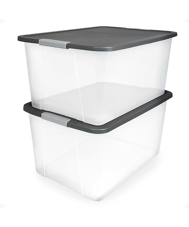 HOMZ 2-Pack Secure Latch, Clear Plastic Storage Organizer Bins, 64 Quart, Gray Lid - Heavy-Duty Container Boxes with Lids for Home, Office, and Garage