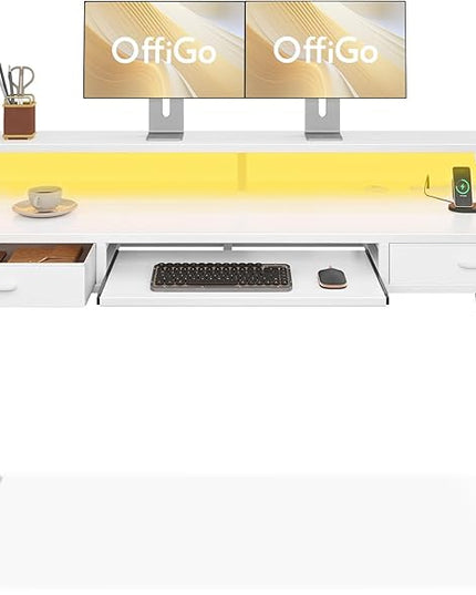 OffiGo Electric Standing Desk with Drawers & Keyboard Tray, 63 Inch Height Adjustable Desk with Power Outlets & LED Lights, Sit Stand Table with Monitor Stand for Home, Office, White