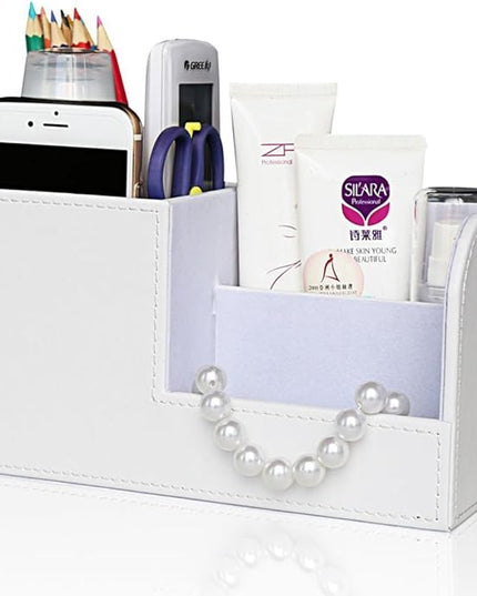 KINGFOM Desk Organizer Office Supplies Caddy Pu Leather Multi-function Storage Box Pen/Pencil,Cell phone, Business Name Cards Remote Control Holder White