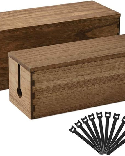 KIRIGEN Cable Management Box Wooden Cord Organizer Hide Power Strip Desk Wires Protector for Home Office TV Computer (DXH2T-DBR)