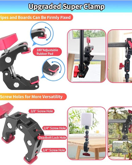 13"/34cm Magic Arm w Clamp, Camera Mount & Clamp w 1/4" 3/8" Threads and Articulating Friction Magic Arm, Overhead Phone Mount, Camera Boom Arm Mount for Light Webcam Mic Action Camera Monitor