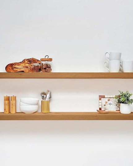 Homeforia 60 inch Golden Oak Floating Shelf, High End Solid Real Wood 60inch Small Floating Shelves for Wall Mounted, Oak Wooden 60in Floating Shelves, Heavy Duty Bracket, 60 X 6.5 X 1.75 in, Set of 3