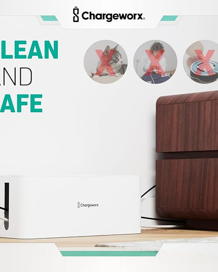 ChargeWorx Cable-Management Box Set, 2 Pack Cord Organizer to Hide Power Strips and Surge Protectors, Desk and Floor Wire Concealer for Home Office, TV Area, White