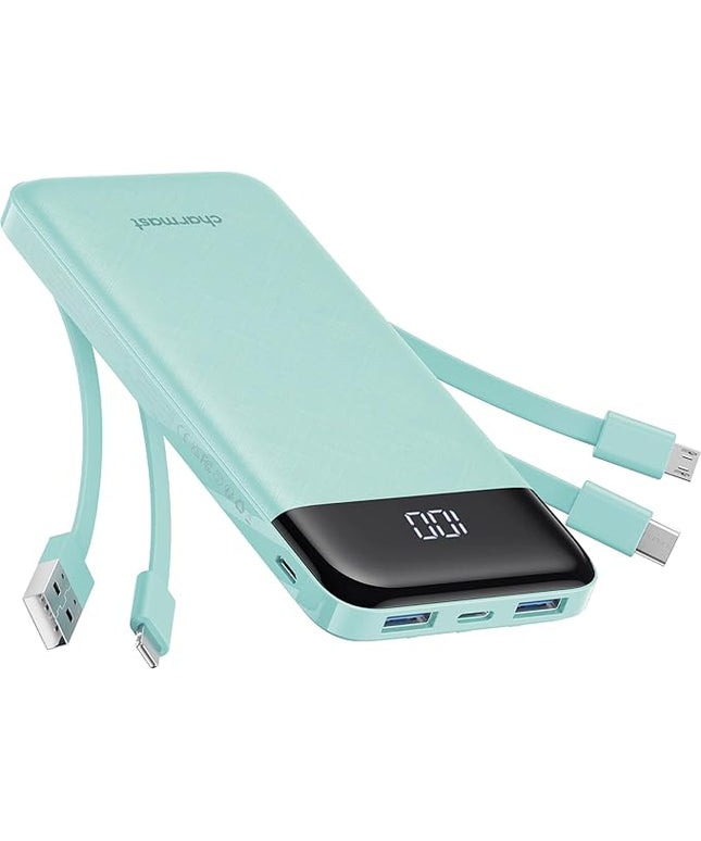 charmast Portable Charger with Built in Cables, Power Bank with Cords Wires, Slim 10000mAh Travel Battery Pack 6 Outputs 3 Inputs 5A Fast Charging for Samsung Google Pixel LG Moto iPhone iPad