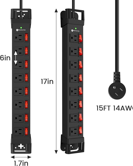Heavy Duty Power Strip with Individual Switches,8 Outlets 14 Gauge Industrial Shop Garage Metal Multiple Outlets,1200J Surge Protector Mountable Power Strip,15FT Extension Cord Management (Black)