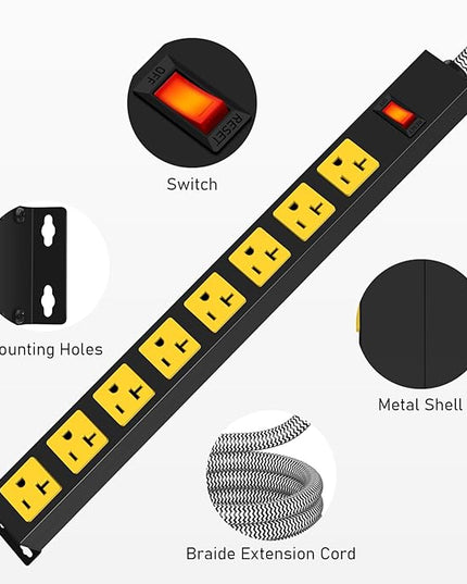 20Amp Power Strip Surge Protector, Durable Metal 8-Outlets with Heavy Duty 20 amp 15Ft 12 Gauge Extension Cord for Garage Workshop & Industrial Use, 1200J