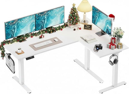 HUANUO 71 x 48 inch Dual Motor L Shaped Electric Standing Desk with 3 Preset Heights, Electric Height Adjustable Computer Table, 2 Hooks & Cable Tray, Raising Desk for Home Office, White