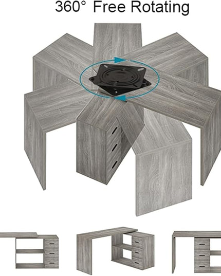 HSH 360° Rotating L Shaped Computer Desk with 3 Drawers and 2 Shelves, Home Office Swivel Desk for Work Writing Study Gaming, Reversible Wood Corner Desk with Storage Cabinet, Light Grey Oak, 55 Inch