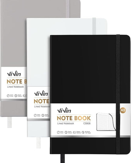 ViVin Lined Journal Notebooks for Work, 192 Pages, Medium 5.5 x 8.3 inch, College Ruled, A5 Hardcover Journaling Notebooks for Work, 3 Pack, (Black，White，Gray)