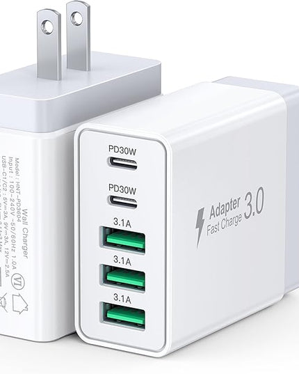 60W USB C Wall Charger Block, 2Pack 5-Port C Charger Fast Charging Block Dual PD Power Adapter&QC 3.0 Wall Plug Multiport Type C Charging Cube Brick for iPhone 12/13/14/15/16/17 Pro Max, iPad,Samsung