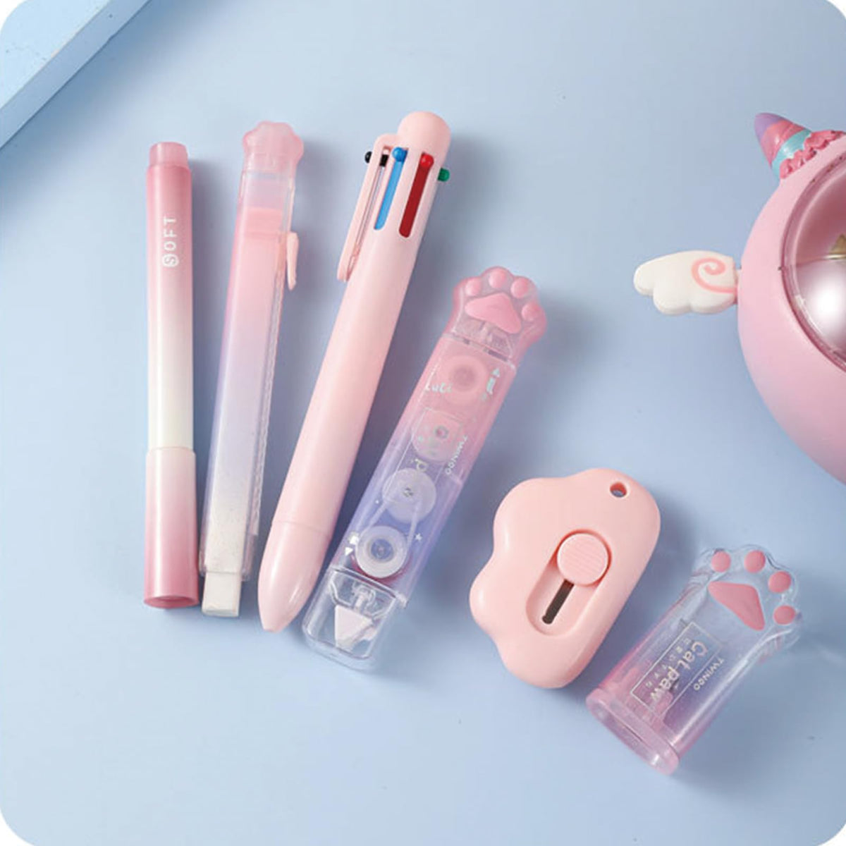 MOZXIRZ 9 Pcs Cute Pink Stationery Set Cat Paw School Supplies Kawaii Office Supplies Including Pens Pencil Sharpener Highlighter Eraser Correction Tape Ruler Utility Knife (Cat Paw-Pink)