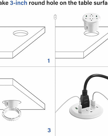 Desktop Power Grommet 3-inch Hole,40W Total Fast Charging Station, 2 PD 20W USB C Port,Flush-Mount Recessed Power Strip, 2 AC Outlets,4 USB Ports,in to The Top of Your Desk,6ft Cord