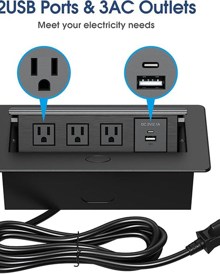 KYHSHJ Connection Box Desktop Pop Up Outlet with 3 * 15A Receptacle，2.1A 1 USB-A Ports &1 USB-C Port，Corrosive Resistant Hardware,Black
