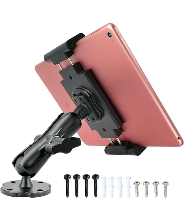 VAUBORTTI Aluminum Arm Heavy Duty Tablet Mount Drill Base - for 6.5"-12.9" Tablet iPad Pro/Mini, iPad Holder for Truck, Car,Dashboard,Desk,Wall-Swivel with 1 inch/25mm Ball Joint