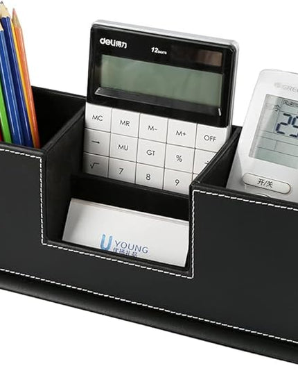 KINGFOM Office Supplies Desk Organizer PU Leather Storage Box 4 Divided Compartments for Pen Business Card Remote Control Mobile Phone Cosmetics Collection Holder (Black)
