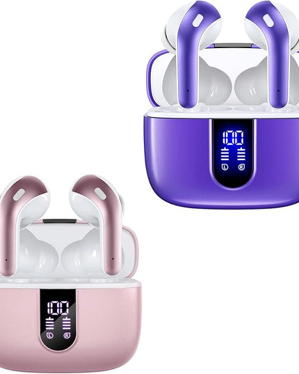 TAGRY 2 Sets X08 Pink and Phantom Purple Bluetooth Headphones True Wireless Earbuds 60H Playback Ear Buds with Wireless Charging Case in-Ear Earbuds with Mic