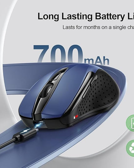 TECKNET Wireless Mouse (BT5.0/3.0 & 2.4G) Rechargeable 4800 DPI Silent USB A & Bluetooth Mouse 6 Buttons, Wide Compatibility - Blue