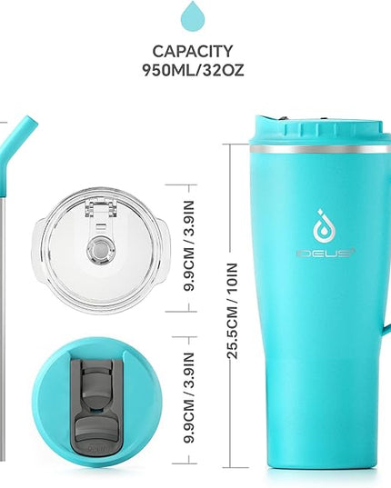 Ideus 32 oz Tumbler with Handle and Straw, Vacuum Insulated Stainless Steel Travel Mug, 100% Leakproof, Cup Holder Friendly, Sky Blue