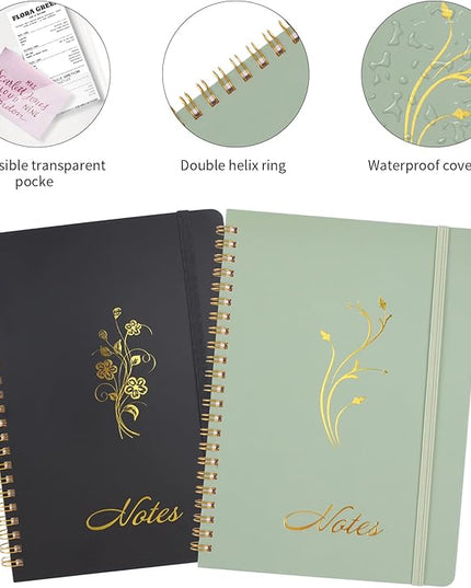 Joyberg Aesthetic Spiral Notebook, 2PCS Cute Notebook, 8.3" x 6" Notebook For Women, A5 Spiral Journal Notebook for Office/School/Home (Green & Black)