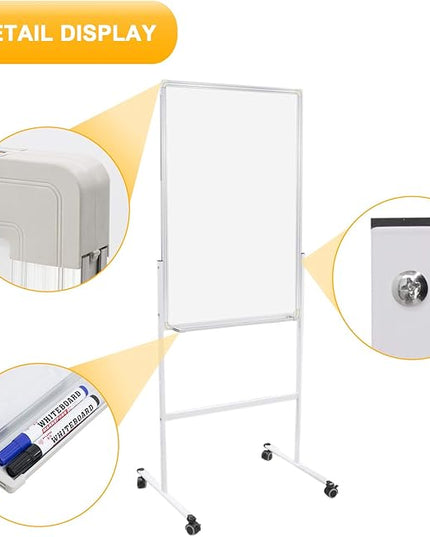 H-Qprobd 24"x36" Dry Erase Board with Stand - Adjustable Height Double Side Mobile Magnetic Rolling Whiteboard on Wheels for Home, Office & School