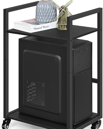 SEHERTIWY 2 Tier Computer Tower Stand, Black CPU Holder Cart with Rolling Caster Wheels, Mobile PC Tower Stand for Office Home Studio