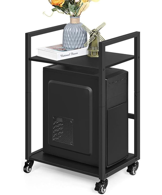 SEHERTIWY 2 Tier Computer Tower Stand, Black CPU Holder Cart with Rolling Caster Wheels, Mobile PC Tower Stand for Office Home Studio