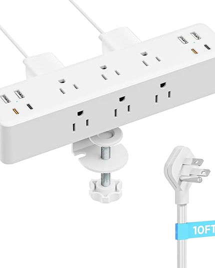 Flat Plug Desk Clamp Power Strip 10FT, 40W Total Fast Charging Station, 2 PD20W USB C Ports, Desk Edge Mount Power Strip 9 AC Outlets 8 USB Ports Surge Protector, Fit 1.7" Tabletop Edge, White