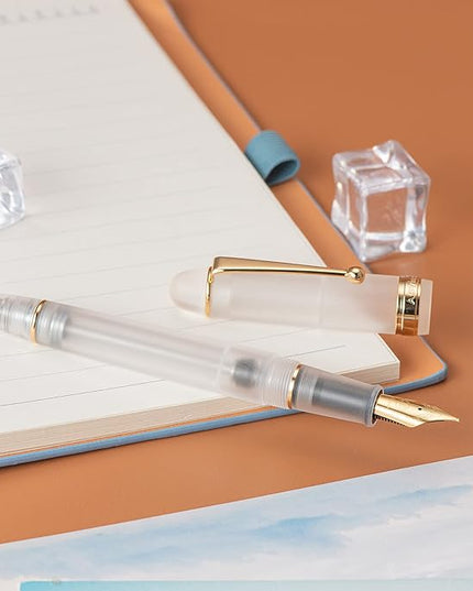 Asvine V126 Vacuum Filling Fountain Pen Medium Nib, Frosted Transparent Clear Acrylic, Large-Capacity with Gift Case