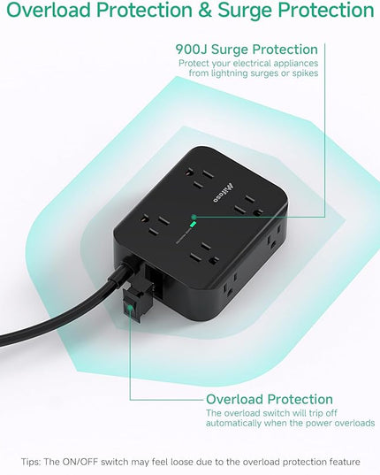 Power Strip Surge Protector - Flat Plug, Wall Mount, 6FT Extension Cord with Multiple Outlets, 8 Wide Outlets with 4 USB Ports (2 USB C), Charging Station Overload Protection Home Apartment Essentials