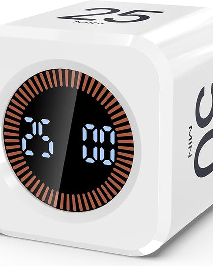 Digital Pomodoro Timer Cube 5/10/25/50min, Visual Productivity Flip Timer for Kids Classroom Desk, Custom Countdown, Silent and Sound Mode for ADHD Study Work Game Kitchen (White)