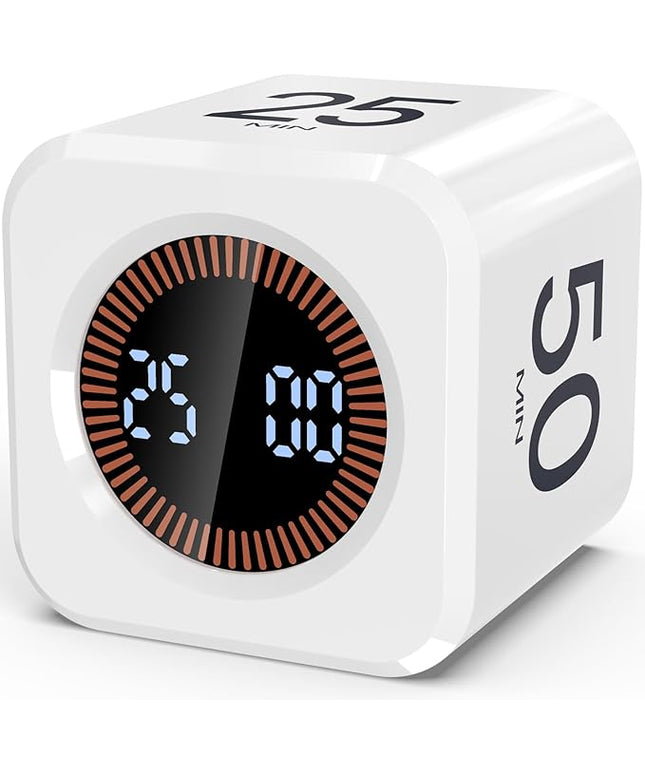 Digital Pomodoro Timer Cube 5/10/25/50min, Visual Productivity Flip Timer for Kids Classroom Desk, Custom Countdown, Silent and Sound Mode for ADHD Study Work Game Kitchen (White)