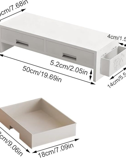 Desk Monitor Stand Riser, Double Drawer Ergonomic Organizer, Computer Desk Riser For Monitors And Accessories, Durable Wood Material, Family Friends Home Offices Indoor Study Bedroom Room Workstation