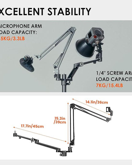 TARION Modular Desktop Arm Set - 18"/45 cm Adjustable Arm with Spigot Mount for COB Lights + 29.4"/75 cm (Max) Mic Boom Stand for Microphone Compatible with 35 mm Rods - Titanrig Arm Y
